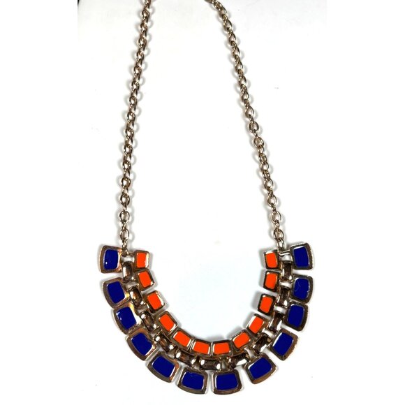 Orange & Blue Statement Necklace With Double Row Square Resin Accents On Gold-To - Picture 2 of 9